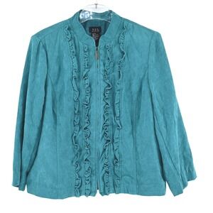 Vintage Y2K Coquette Teal Blue Ruffle Front Jacket Blazer Career Business Casual